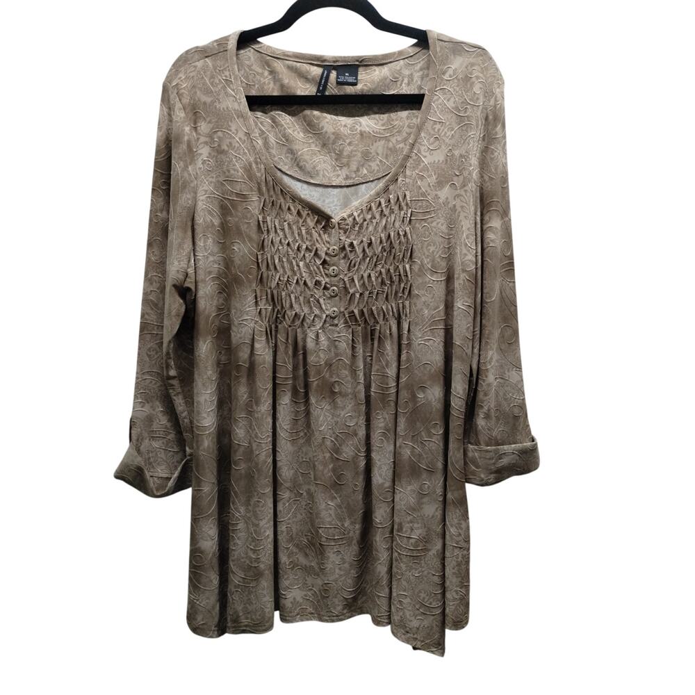New Directions Women's Size XL Brown Embroidered Popover Roll Tab Sleeves Top